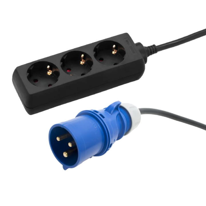 1-Phase Cable | 16A Blue to 3 x Schuko | 2m