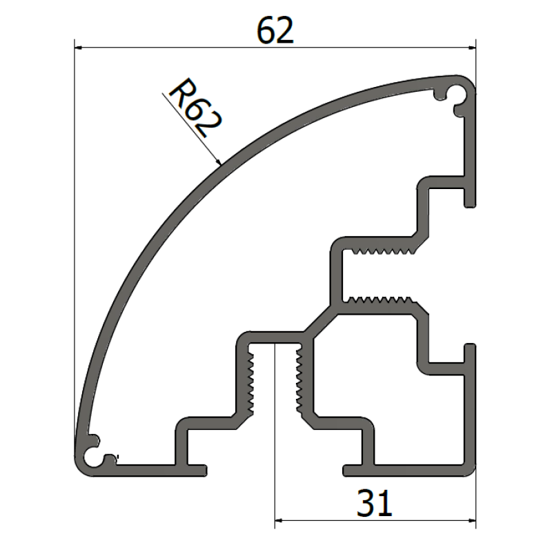 beMatrix c62 | rounded corner profile | 0496 mm | Thread Slots | 2 Thread Slots