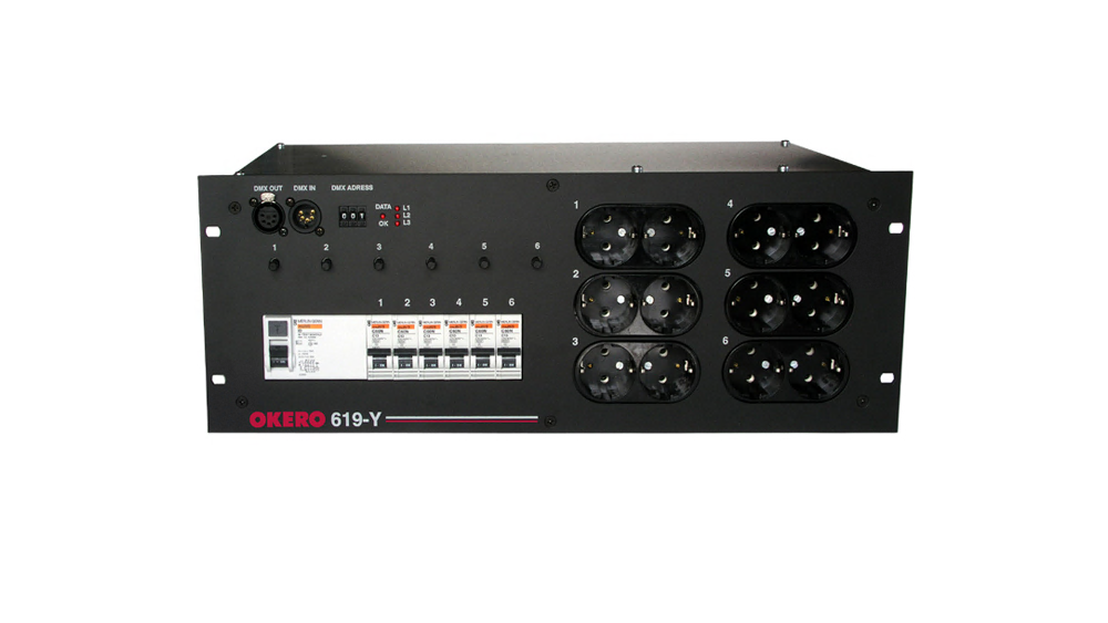 Okero 619 Dimmer Pack | 6 channel, 32 A input, 12 x schuko out
