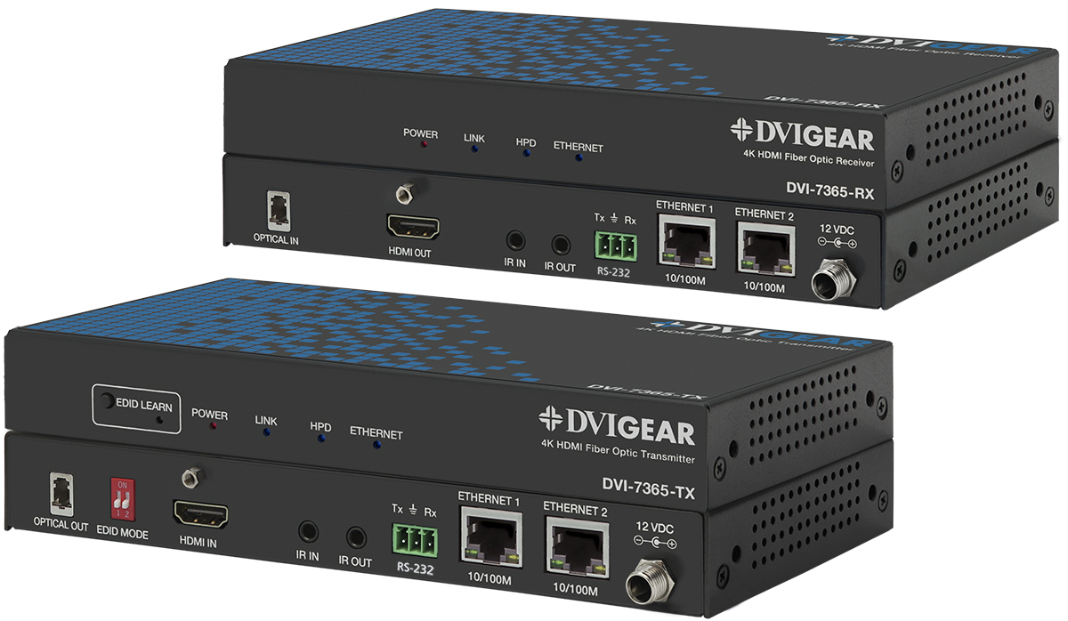 DVIGear 4K DisplayPort LC Fiber Extender TX and RX units for long distance video signal transmission.